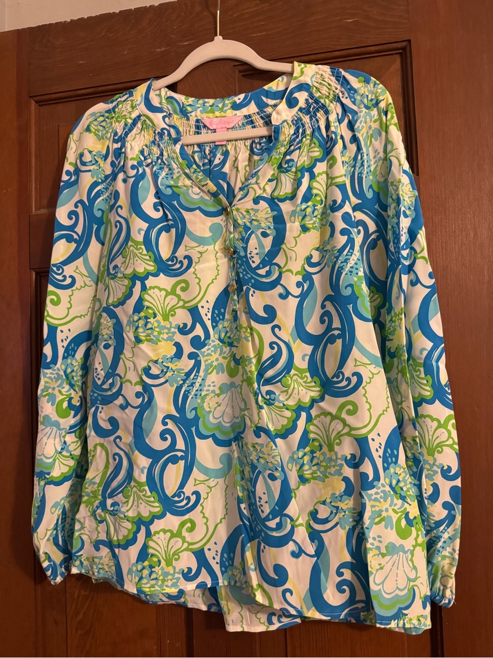 Lilly Pulitzer Blue, Green & White Printed Elsa Blouse